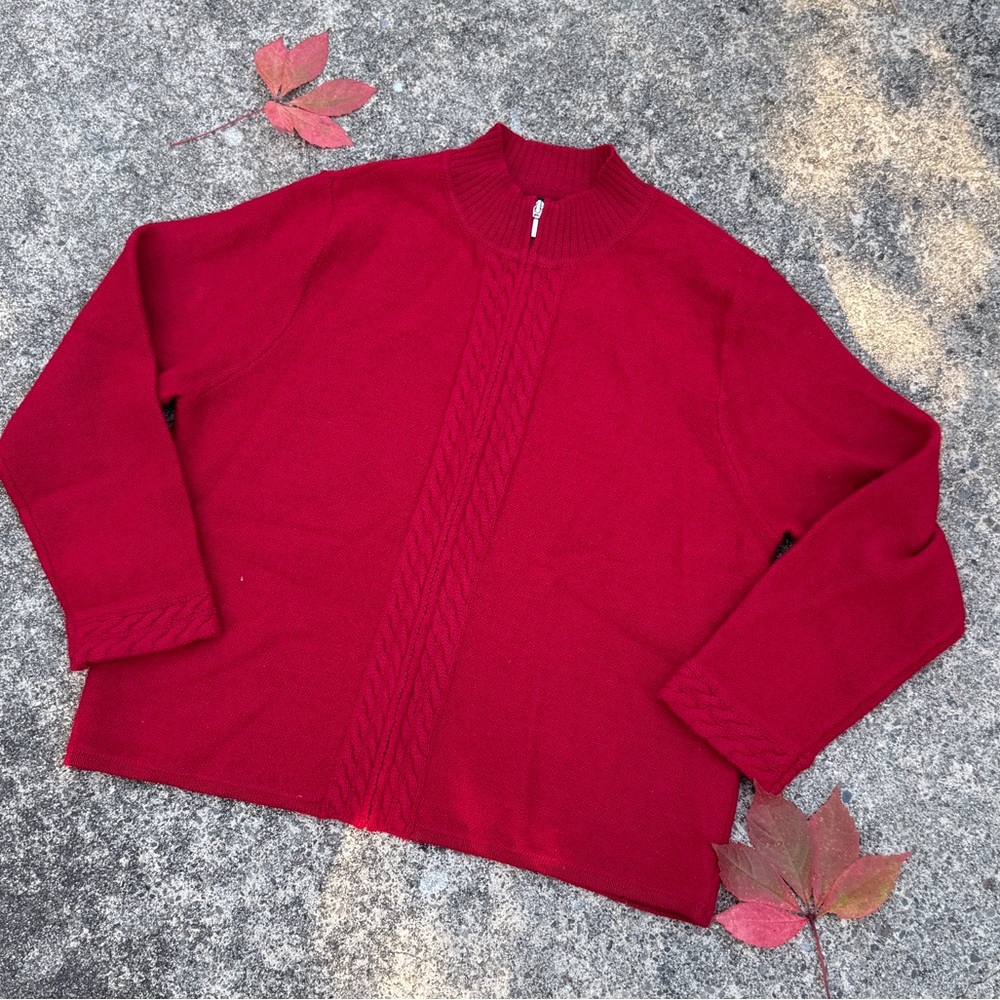 Karen Scott Savory Red %100 wool zip up cardigan size XL